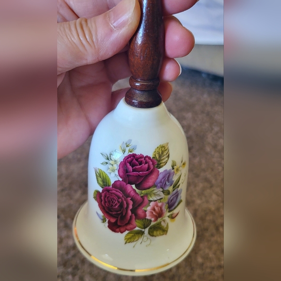 Vintage Fine Bone China White Bell with Wood Handle Floral Rose Flowers - Picture 5 of 5